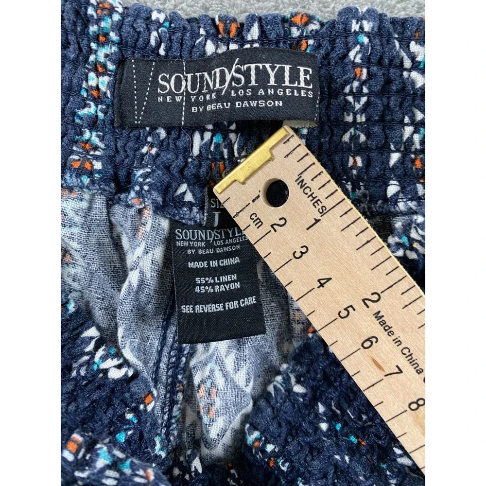 Sound Style Beau Dawson Women Large Navy Linen Blend Southwestern Smocked Shorts